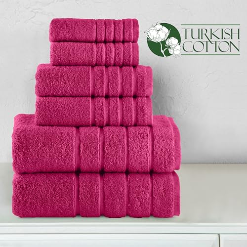 Image of Elegant Comfort 4 Lines Viscose Stripe 6-Piece Premium Towel Set - 100% Turkish Cotton High Absorbent Luxury Bathroom Towels - Includes 2 Washcloths, 2 Hand Towels and 2 Bath Towels Set, Hot Pink