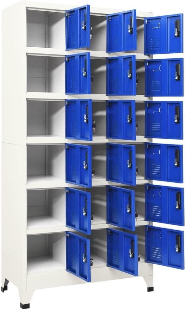 Steel Cabinet Locker with 18 Compartment Doors and Cam Locks for Secure Storage in Grey and Blue Finish