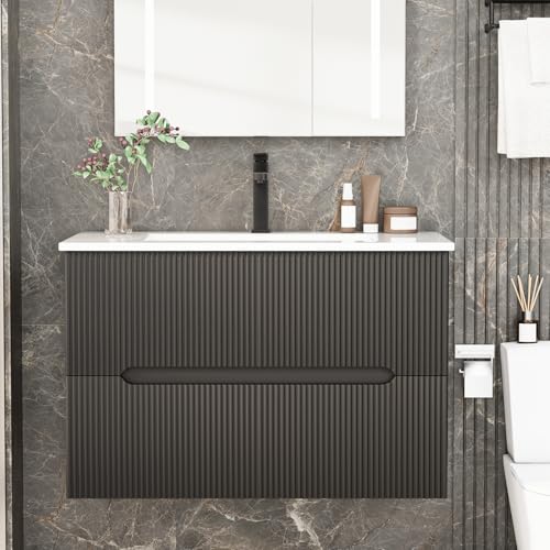 Discover the Top 10 Best 30 Inch Bathroom Vanity Options 9 EROMMY 30 Inch Bathroom Vanity with Sink, Floating Bathroom Vanity with Ceramic Basin, Wall Mounted Bathroom Sink Cabinet Set with Soft-Close 2 Drawers, Faucet & Pop Up Drain, Black