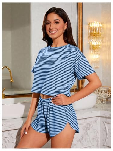 Image of OYOANGLE Womens Pajama Sets 2 Piece Sexy Lounge Sets Summer Cute Pjs Striped Print Tee and Side Split Shorts Set