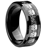 8mm Black Tungsten Carbide Ring Silver Skull Skeleton Inlay Wedding Band Men Jewelry Size 9