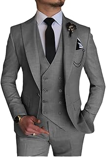 Mens Suit Slim Fit Double Breasted Vest Solid 3 Piece for Bridegroom Suit (Blazer + Vest + Pants)