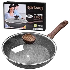 Rainberg 28CM Frying Pan with Lid, Granite Nonstick Frying Pans with Lid, Stone Frying Pan, Induction Compatible (28CM)
