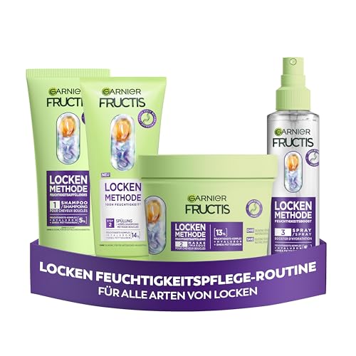 Garnier Feuchtigkeitsauffüllendes Haarpflege-Set für alle Arten von Locken mit Shampoo Spülung Haarmaske Spray Lockenpflege mit Hyaluronsäure & Sheabutter Fructis Lockenmethode 4-teilig