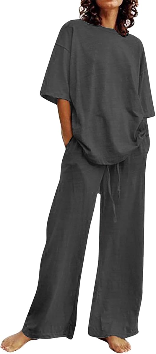 Conjuntos de verano de SHAOBGE para mujer de 2 piezas de lino de algodón, conjunto de camisetas extragrandes para novio, pantalón de pierna recta y chándal de talla grande