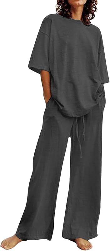 Conjuntos de verano de SHAOBGE para mujer de 2 piezas de lino de algodón, conjunto de camisetas extragrandes para novio, pantalón de pierna recta y chándal de talla grande
