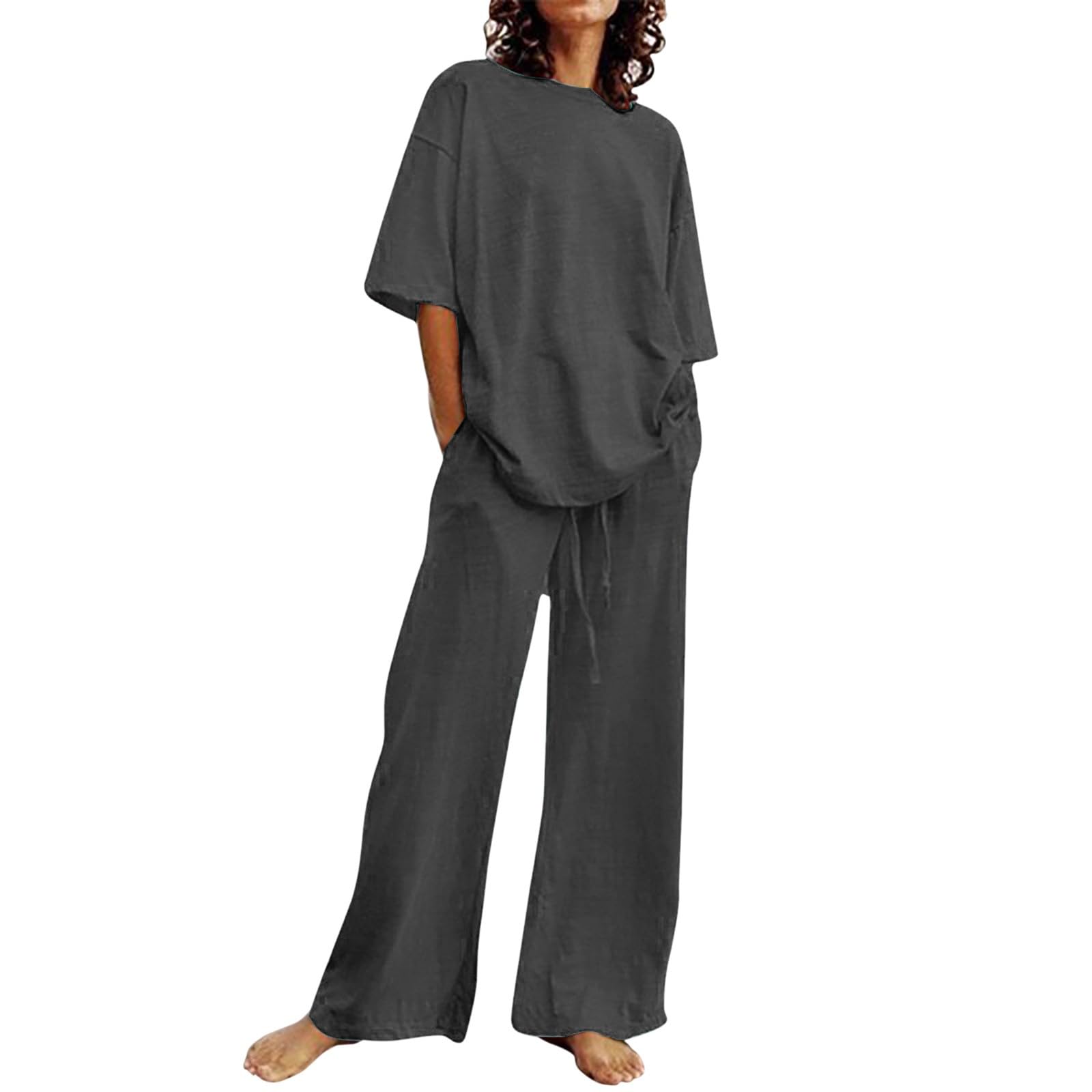 Cocila Malla Deporte Mujer Conjunto De Bolsillo Con Cinturón Informal De Verano Conjunto De Pantalón De Pernera Ancha Y Top Con Cuello En O De Media Manga Pantalones Blancos Mujer