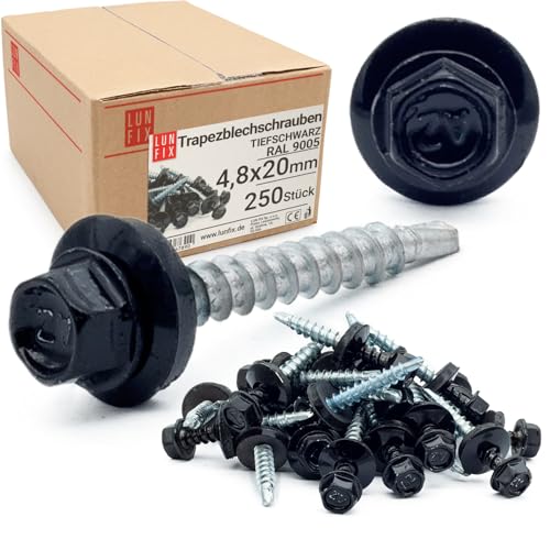 Viti autofilettanti 4,8 x 20 mm per metallo Nero intenso RAL 9005, 250 pezzi viti autoperforanti con rondella acciaio lamiera zincata, autoforanti lamiere grecate e pannelli tetto Lun Fix