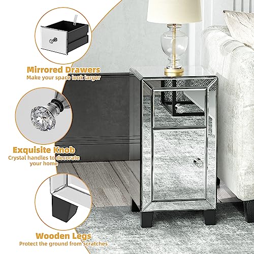 Muiity Mirrored Nightstand With Drawer & Cabinets, Modern Silver-Finish Bedside End Tables For Bedroom, Living Room, Entryway #TOP3