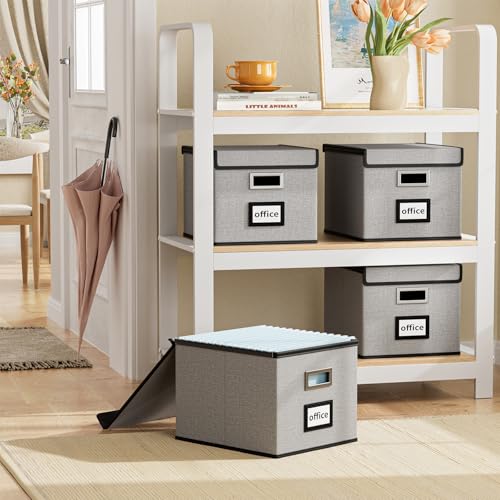 Huolewa Collapsible File Storage Organizer Boxes with Lids, Portable Large Linen Hanging Filing Storage Boxes, Decorative Home/Office Filling System for File and Folder Storage (Grey)-2 Pack - Thumbnail 2