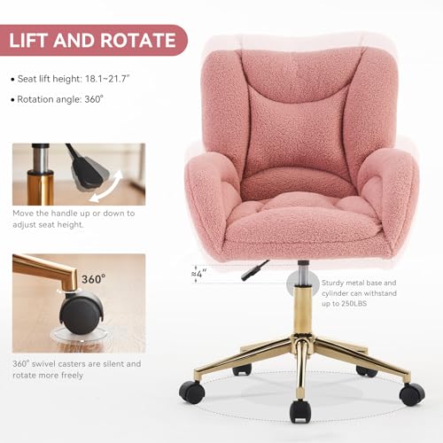 Image of FOXHUNTER Vanity Chair with Ergonomic Back & Wheels, 360 Swivel Accent Chair, Adjustable Height Home Office Chair for Living Room, Bedroom (Teddy, Pink)