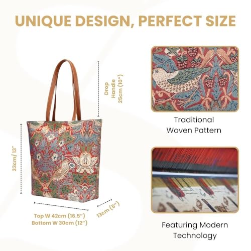 Signare Tapestry Shoulder Bag Tote Bag for Women with Red Flower and Bird William Morris Strawberry Thief Design (SHOU-STRD)2