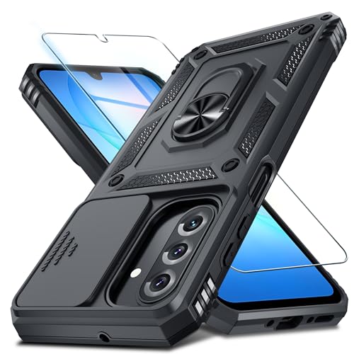 Janmitta Compatible with Samsung Galaxy A17 5G Case Built in Slide Camera Lens Cover+Screen Protector+Finger Ring Holder Kickstand,Heavy Duty Shockproof Full Body Phone Cover,Black