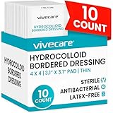 ViveCare Hydrocolloid Dressing 4x4 (10 Pack) - Large Sterile Hydrocolloid Bandages - Wound & Pressure Sore Fast Healing Patch - Waterproof Dressing for Blisters, Burns, Bed Sores, Cysts, Cuts & Ulcers