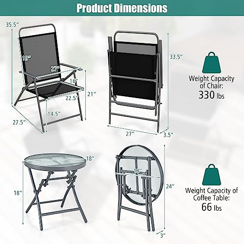 Image of Tangkula 3 Piece Patio Folding Chair Set, Outdoor Metal Conversation Set w /Coffee Table, Extra-Large Seat, Stable Metal Frame, Portable Folding Chair & Table Set for Front Porch, Backyard