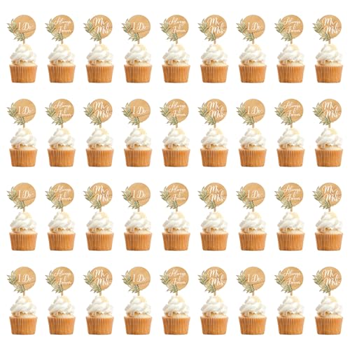 Mariage Cupcake Toppers Mr&Mrs Bois Décoration Gâteau Anniversaire Feuille Verte - Pic Pâtisserie