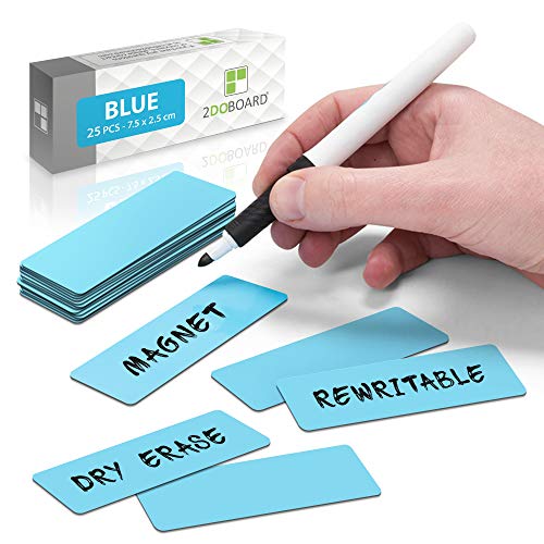 2DOBOARD Magnetstreifen beschreibbar - 7,5 cm x 2,5 cm Blau - 25 Stück - Magnetschilder zum beschriften – Für Kühlschrank, Whiteboard & Tafel - Magnetetiketten
