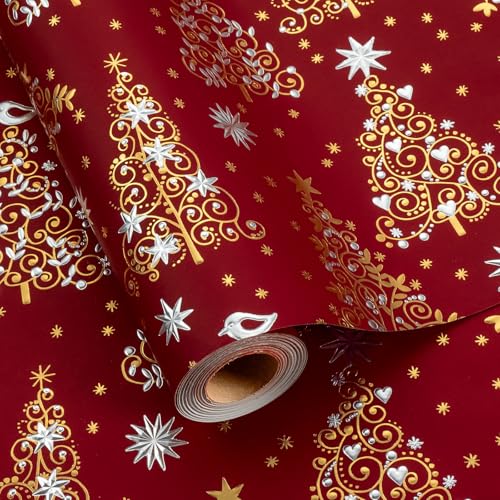 Homeral Christmas wrapping paper roll - 3D Embossed Tree, Birds, Stars on Red with Gold Foil Metallic Shine for Christmas, New Year Celebration - 17 In x 33 Ft