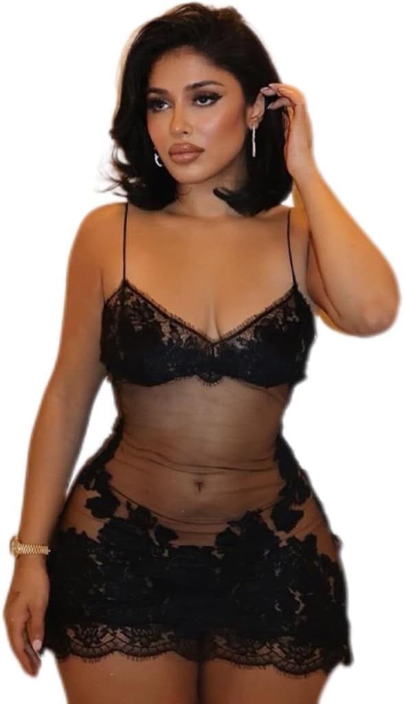 Women's Lace Mini Dress – Sheer Mesh Y2K Bodycon Cocktail Dress for Party, Wedding Guest, Evening, S–L