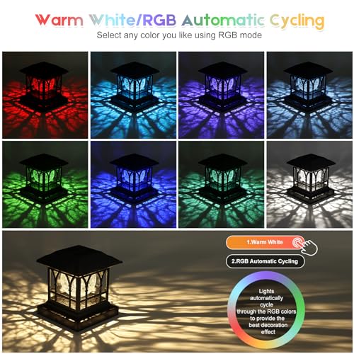 AEYANZZ Fence Post Solar Lights, Crackle Glass Solar Post Cap Lights, 20 Lumens, Warm White & RGB Automatic Cycling 2 Modes for 3.6x3.6 4x4 4.5x4.5 5x5 Vinyl Wooden Posts Decoration, Black (2 Pack) by AEYANZZ - Image 2