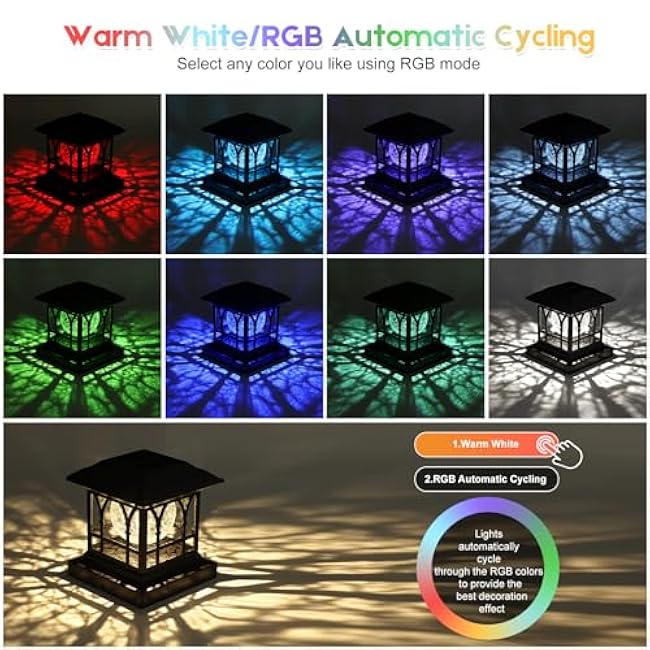 Fence Post Solar Lights, Crackle Glass Solar Post Cap Lights, 20 Lumens, Warm White & RGB Automatic Cycling 2 Modes for 3.6x3.6 4x4 4.5x4.5 5x5 Vinyl Wooden Posts Decoration, Black (6 Pack)