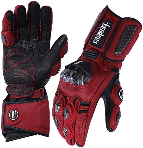 Harssidanzar Leather Motorcycle Gloves for Men and Women,Powersports Carbon Fiber Knuckle Protection Motorbike Gloves KM045,Oxblood/Black, Size L