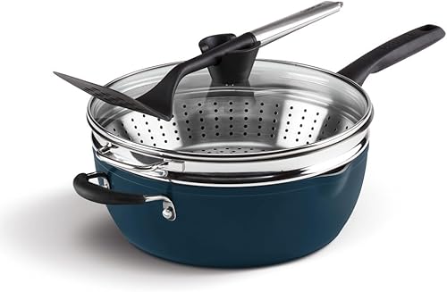 Set de sartenes de 4 piezas de Cuisinart Preferred - Nouveau Navy (sartén multiusos de 4.5 cuartos con tapa, vaporera, volteador ranurado)