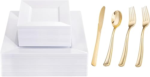 Liacere 100 platos de plástico cuadrados blancos y 200 cubiertos de plástico dorados para fiestas