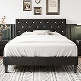 VECELO Queen Size Bed Frame, Upholstered Platform with Adjustable Diamond Tufted Headboard, Wood Slat Support, No Box Spring Needed, Velvet Black