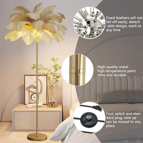 Lámpara de Pie con pantalla de pluma khaki para lectura y decoración 5