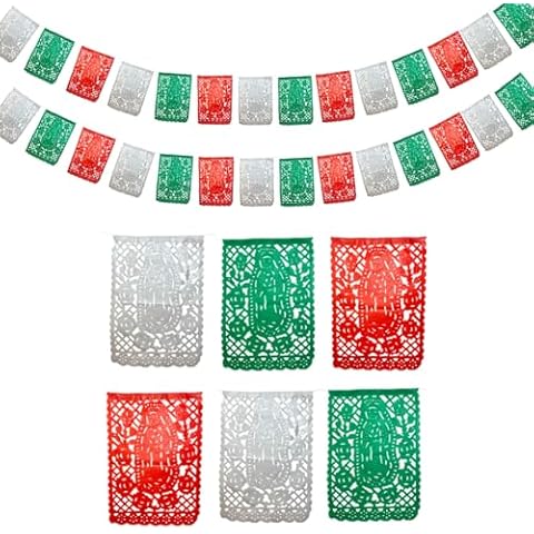 Tricolor Mexican Flag Party Banner with Virgin of Guadalupe - Set of 2 Papel Picado PAPER - Mexican Papel Picado Banner with La Virgen de Guadalupe - Hanging Party Supplies (TexMex Fun Stuff) Cover
