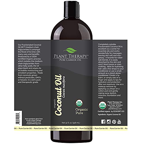 Plant Therapy Essential Oils Organic Fractionated Coconut Oil For Skin, Hair, Body 100% Pure, Usda Certified, Natural Moisturizer, Massage & Aromatherapy Liquid Carrier Oil 32 Oz, Pump #TOP5