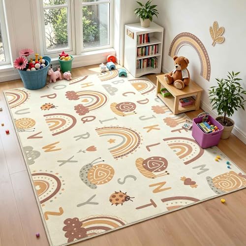 LIVEBOX Kids Rainbow Playroom Rug 5x7, Washable Non Slip Alphabet Bedroom Rug, Soft Cute Carpet for Kids Room, Nursery(Orange)
