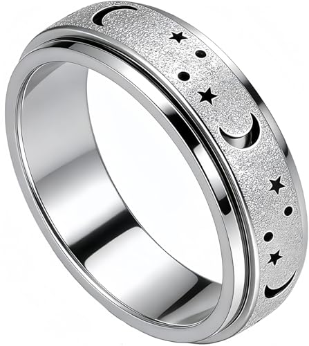 Fidget Ring for Anxiety Relief - Stainless Steel Spinner Ring with Moon & Star, Stress Relief Calm Ring for Women & Men, Smooth Roller Fidget Band Ring (Size 8)