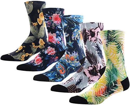 Novelty Awesome Crew Athletic Socks for Men, MEIKAN Colorful Floral Flower Plant Fancy Design Printed Mid Calf Socks ,5 Pairs Color 2,One Size