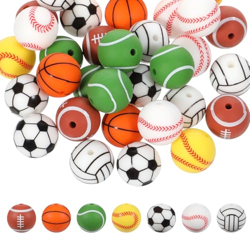 Sports Beads, 35 PCS 15mm Silicone Loose Beads Cute Sports Ball Bead Softball Baseball Football Silicone Pen Bead Bulk for Keychain Making Bracelet Necklace Pendants Lanyards Pen DIY Crafts