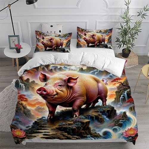 Housse de couette cochon 200x200cm en microfibre imprimée avec ses taies d'oreiller - 6
