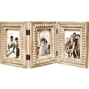 Rustic Distressed 3 Photos Folding Picture Frame Collage with Decorative Wood Beads 3 Picture Frames 4×6 for Table or Wall Hanging Farmhouse Gift Idea for Family and Friends