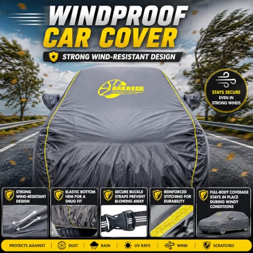 Image of Taffeta Grey Car Cover for Maruti Victoris - Water Resistant, Dust & Sun Protection, All Weather Safety with Light Weight & Stylish Yellow Piping for Indoor Outdoor Parking