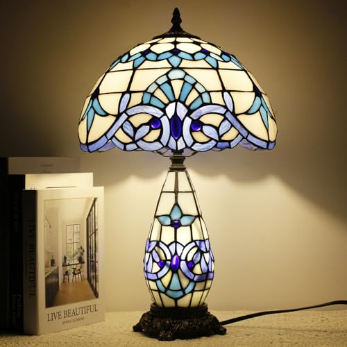 Image of 12 Inch Tiffany Stained Glass Lamp Shade Replacement Only(Blue Baroque) | Stained Glass Style Lampshade with Cap fit for Table lamp Pendant Light Ceiling Fixture