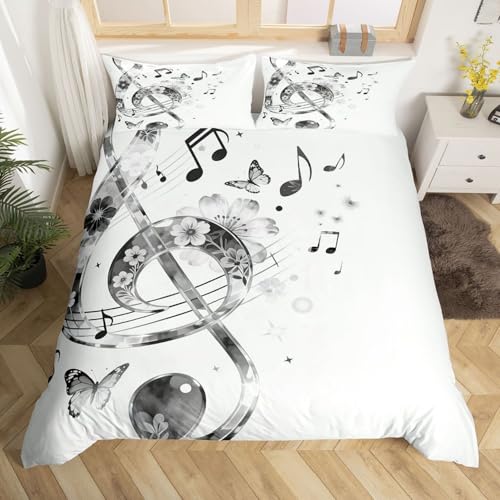 Music Note Bedding Set with Butterfly Pattern Twin Mucis Theme Comforter Cover for Kids Boys Girls Teens Grey White Duvet Cover with Zipper 2 Pieces Bedspread Cover (1 duvet cover 1pillow case)