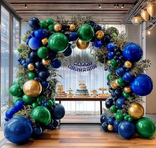 Image of Dark Green Blue Balloon Garland, Double Stuffed Navy Royal Blue Emerald Green Gold Balloon Arch Kit for Birthday Graduation Wedding Anniversary Bear Baby Shower Father's Day Party Decoration