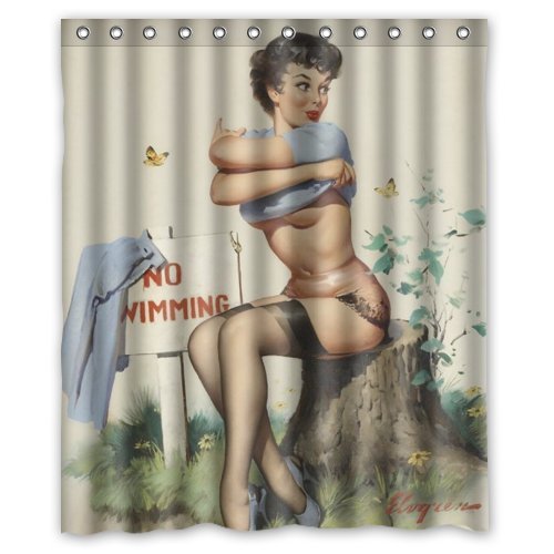 Funny Sexy Pin Up Girl Prepare To Swimming - Vintage Retro Bathroom Shower Curtain Body Art Work Canvas Painting Style Waterproof Polyester Fabric 60(W) X72(H) Rings Included #TOP26