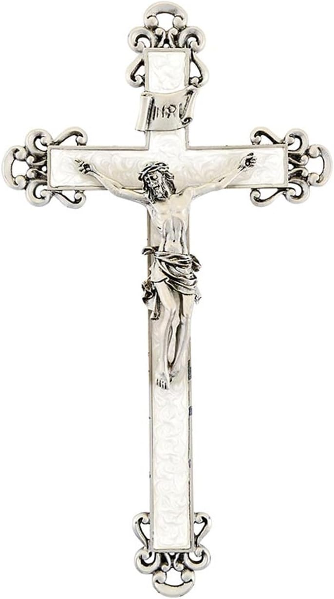 Trinity Church Supply Pearlized White epoxy cross Crucifix Wall Hanging Catholic Crosses for Home Decor Christian Decorative, 10 Inch Height