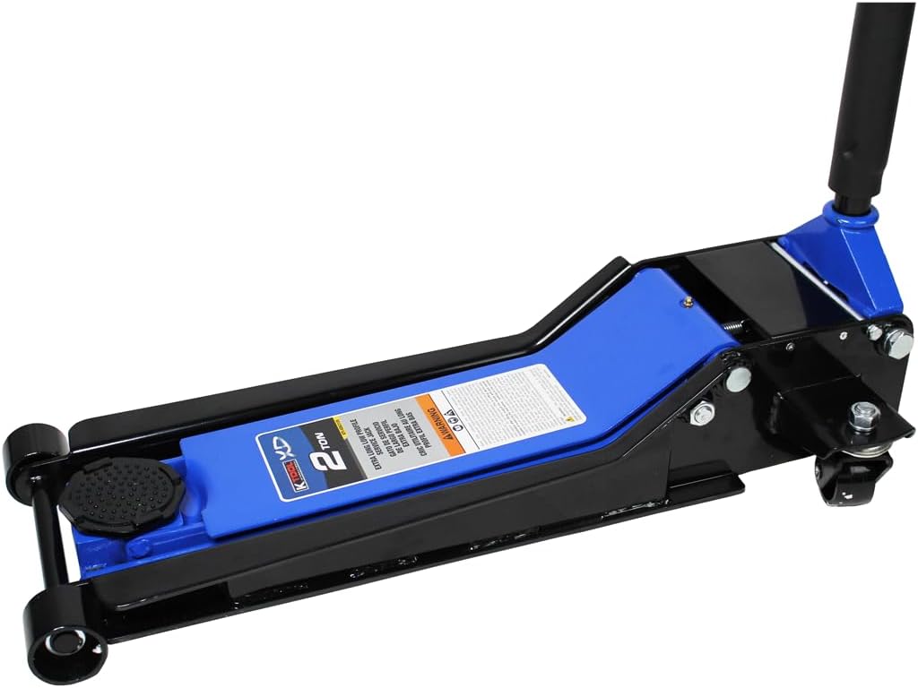 K Tool International XD63105 2 Ton Extra Long Low Profile Service Jack 2.75 to 24 Inch Lift Range Dual Pump Piston Fast Lift 45.25 Inch Handle Load Limiting and Bypass Valves for Automotive Shop Use