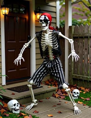 Tacarlha 165 cm lebensgroßes Halloween-Piraten-Skelett, beweglich mit leuchtenden Augen und leuchtender Farbe, lebensechte Ganzkörperknochen für drinnen und draußen, Halloween-Dekorationen (1 Stück)