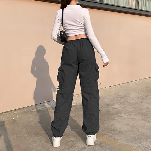 Oerppta Parachute Pants For Women, Drawstring Elastic Low Waist Ruched Baggy Cargo Pants Women, Multiple Pockets Jogger Y2K Pant Black #TOP3