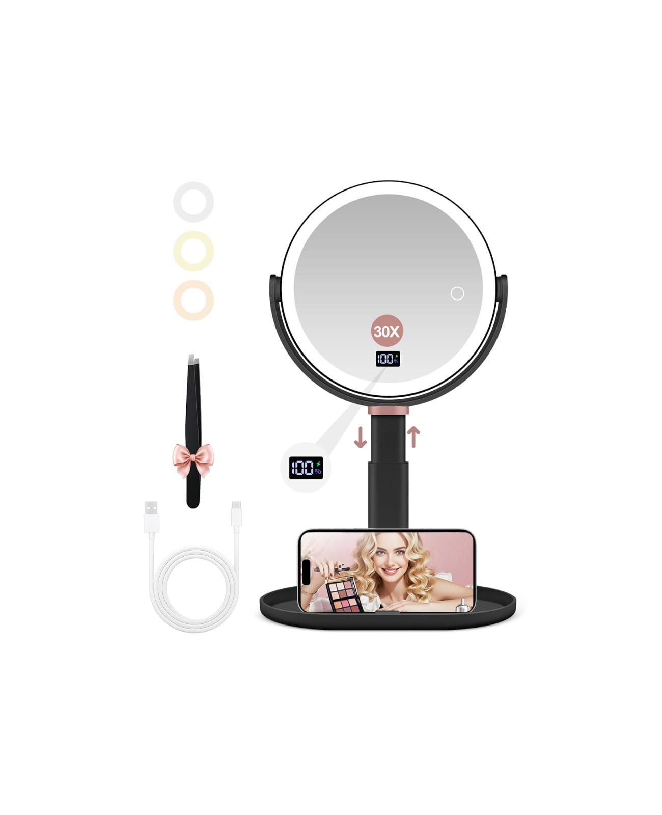GOMIPURU Espejo de maquillaje iluminado con aumento de 30X/1X, espejo de aumento True HD con 3 luces regulables de color, altura ajustable, giro de 360°, doble cara, negro