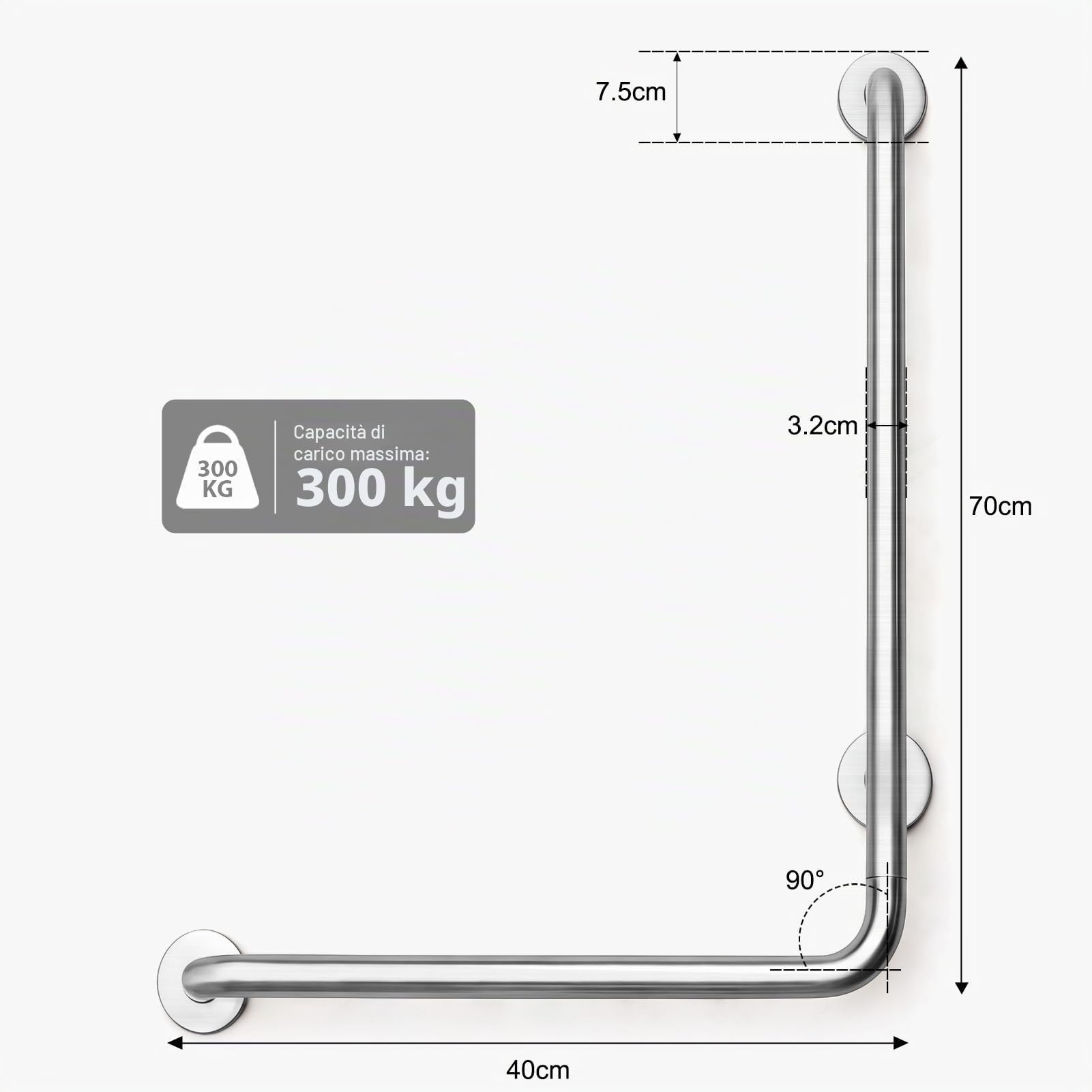 Maniglione Bagno Disabili, Maniglia Doccia Acciaio Inox 304 70x50cm | Sinistra, Barra di Sicurezza e Sostegno ad Angolo L per WC, Supporto Parete per Anziani e Disabilità
