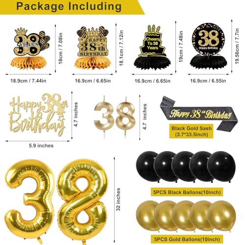Image of 38th Birthday Decorations for Men, Black Gold 38th Party Decorations | 27pcs Happy 38th Birthdays Set: Banner, Honeycomb, Balloons, Gold Number, Candle, Hanging Swirls, Cake Topper, Party Supplies